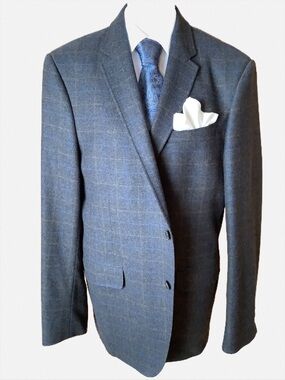 VINTAGE COPPLEY Plaid Wool Blazer 44T 44L Tall Sport Coat Grey Blue